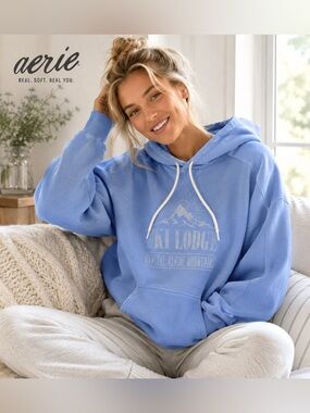 OFFLINE By Aerie Cloud Fleece‎ Hoodie SKI LODGE OFFLINE ALPINE MOUNTAINS Sz XS